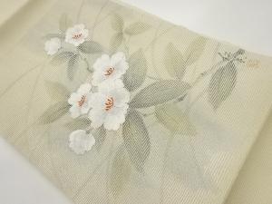 作家物　絽手描き花葉模様刺繍名古屋帯